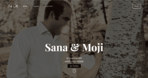 Screenshot of Sana and Moji's wedding website homepage, featuring a romantic design with the wedding date, venue address, and an RSVP button prominently displayed.